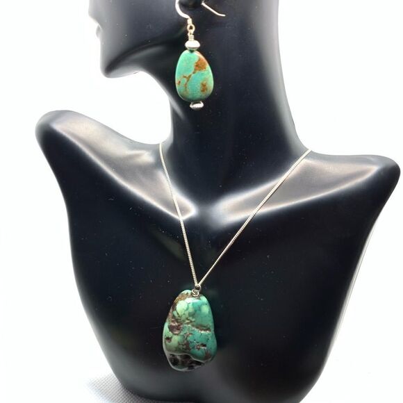 Turquoise Sterling Silver Necklace and Earrings - Picture 1 of 6